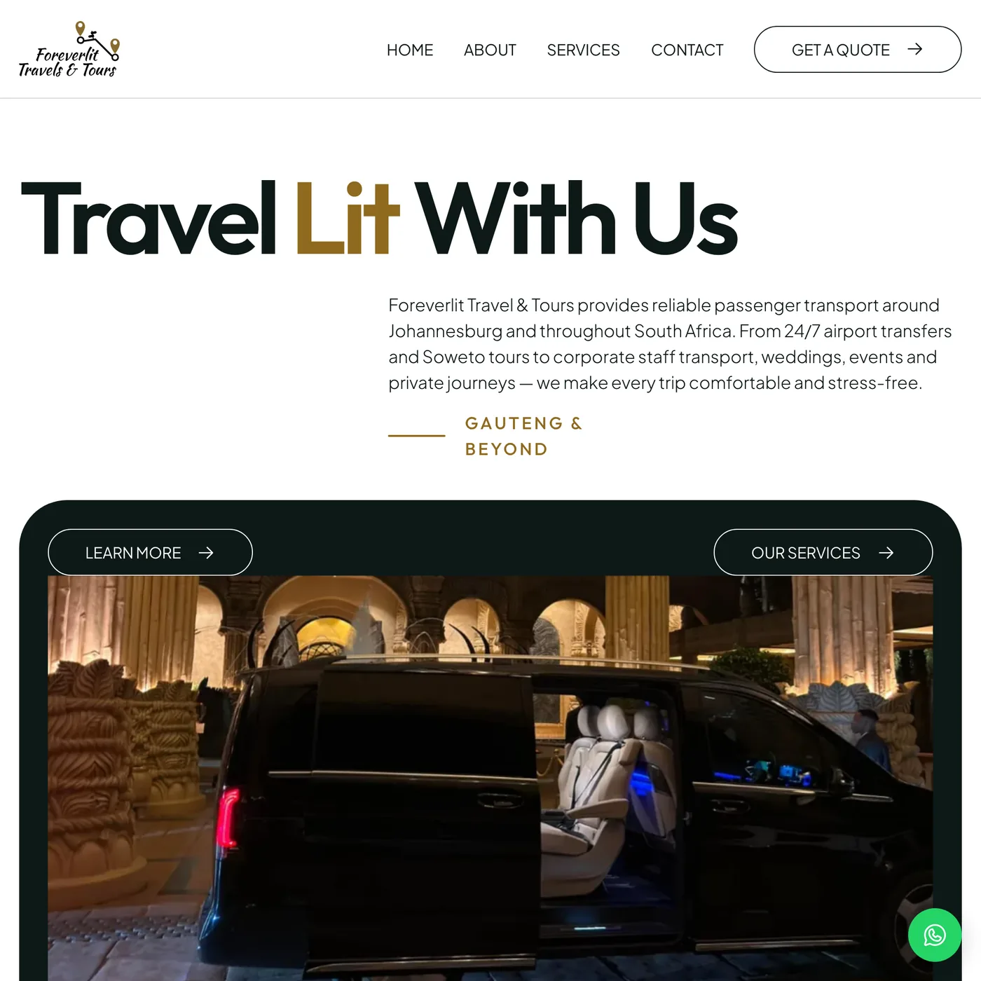 Foreverlit Travel & Tours website, shown at tablet width