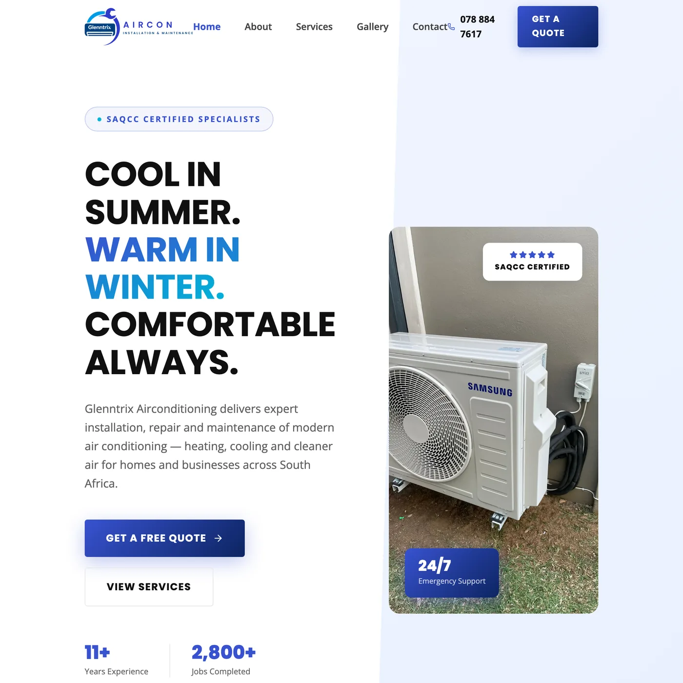 Glenntrix Airconditioning website, shown at tablet width