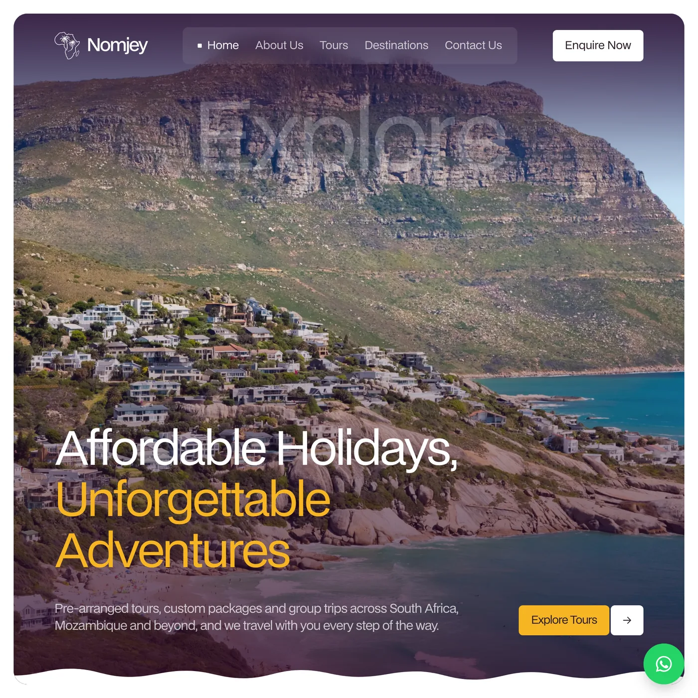 Nomjey Tours & Adventures website, shown at tablet width